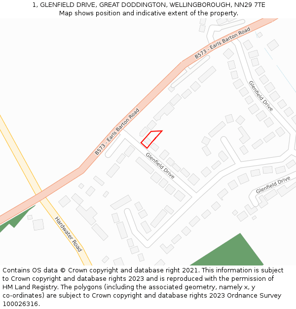 1, GLENFIELD DRIVE, GREAT DODDINGTON, WELLINGBOROUGH, NN29 7TE: Location map and indicative extent of plot