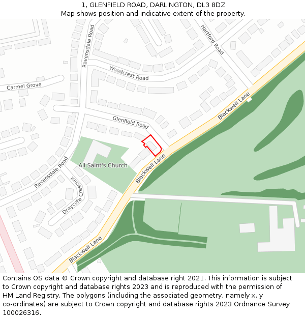 1, GLENFIELD ROAD, DARLINGTON, DL3 8DZ: Location map and indicative extent of plot