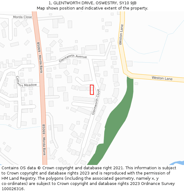 1, GLENTWORTH DRIVE, OSWESTRY, SY10 9JB: Location map and indicative extent of plot