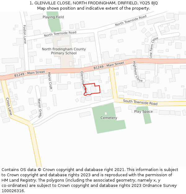 1, GLENVILLE CLOSE, NORTH FRODINGHAM, DRIFFIELD, YO25 8JQ: Location map and indicative extent of plot