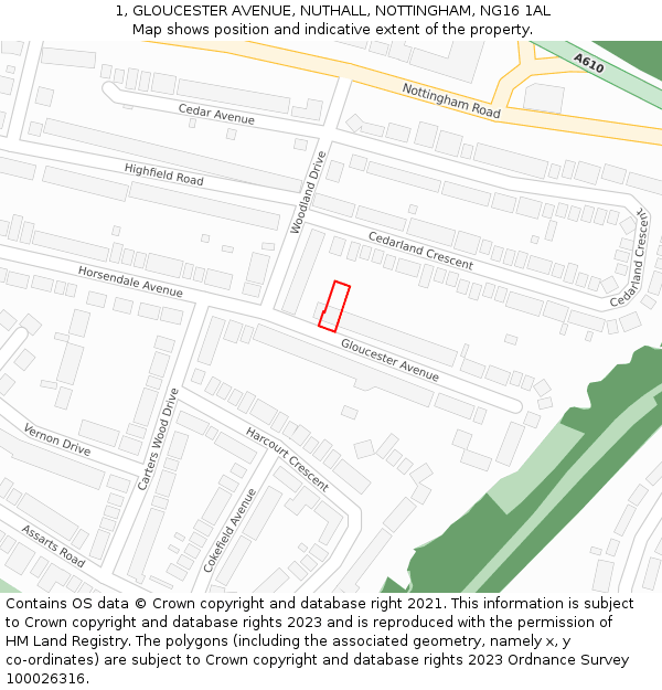 1, GLOUCESTER AVENUE, NUTHALL, NOTTINGHAM, NG16 1AL: Location map and indicative extent of plot
