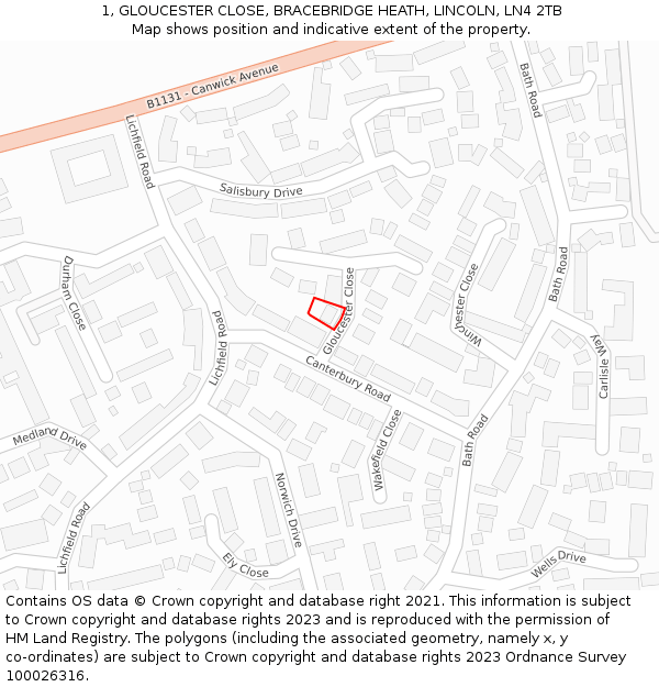 1, GLOUCESTER CLOSE, BRACEBRIDGE HEATH, LINCOLN, LN4 2TB: Location map and indicative extent of plot