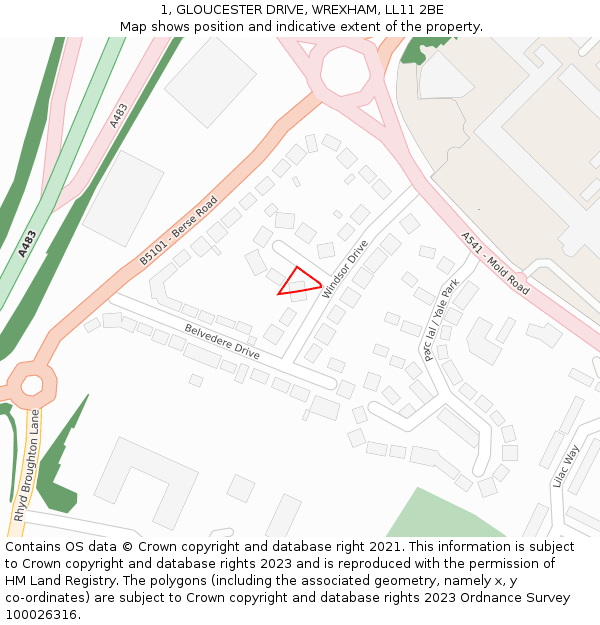 1, GLOUCESTER DRIVE, WREXHAM, LL11 2BE: Location map and indicative extent of plot
