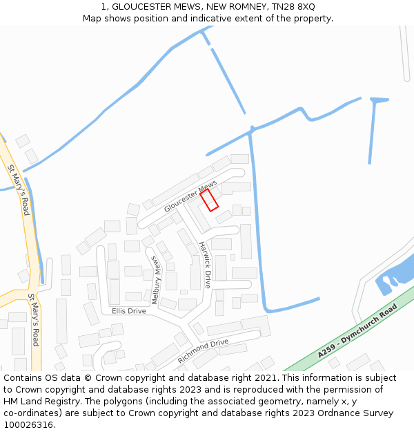 1, GLOUCESTER MEWS, NEW ROMNEY, TN28 8XQ: Location map and indicative extent of plot