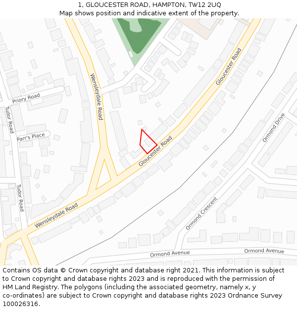 1, GLOUCESTER ROAD, HAMPTON, TW12 2UQ: Location map and indicative extent of plot