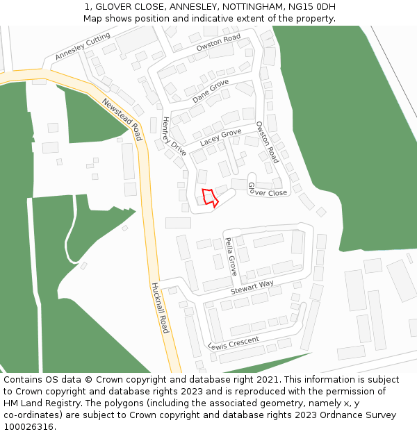 1, GLOVER CLOSE, ANNESLEY, NOTTINGHAM, NG15 0DH: Location map and indicative extent of plot