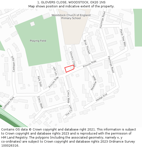 1, GLOVERS CLOSE, WOODSTOCK, OX20 1NS: Location map and indicative extent of plot