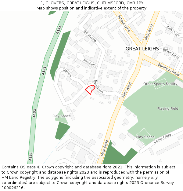 1, GLOVERS, GREAT LEIGHS, CHELMSFORD, CM3 1PY: Location map and indicative extent of plot