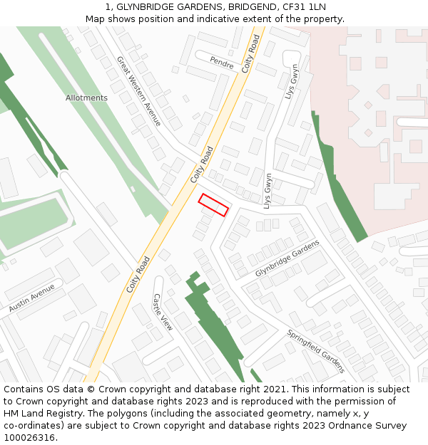 1, GLYNBRIDGE GARDENS, BRIDGEND, CF31 1LN: Location map and indicative extent of plot