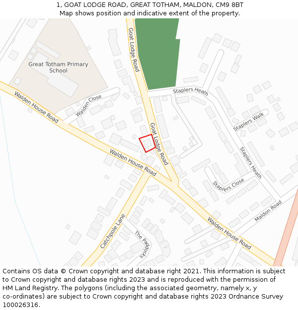 1, GOAT LODGE ROAD, GREAT TOTHAM, MALDON, CM9 8BT: Location map and indicative extent of plot