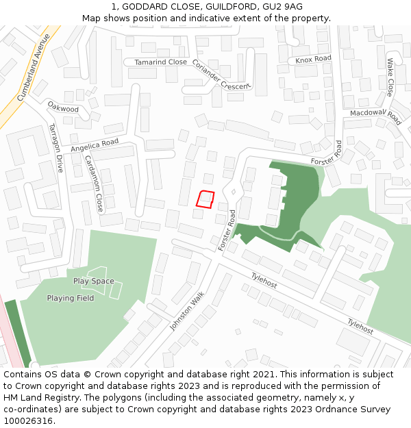 1, GODDARD CLOSE, GUILDFORD, GU2 9AG: Location map and indicative extent of plot