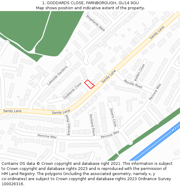 1, GODDARDS CLOSE, FARNBOROUGH, GU14 9GU: Location map and indicative extent of plot