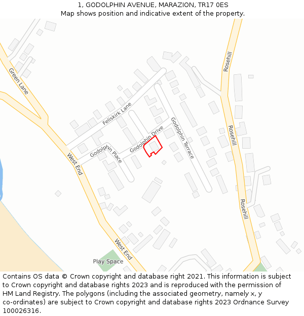 1, GODOLPHIN AVENUE, MARAZION, TR17 0ES: Location map and indicative extent of plot