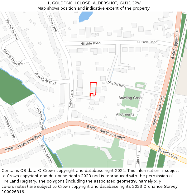 1, GOLDFINCH CLOSE, ALDERSHOT, GU11 3PW: Location map and indicative extent of plot