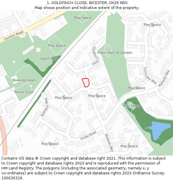 1, GOLDFINCH CLOSE, BICESTER, OX26 6EN: Location map and indicative extent of plot