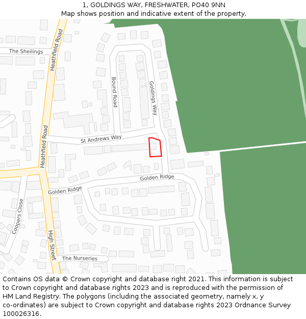 1, GOLDINGS WAY, FRESHWATER, PO40 9NN: Location map and indicative extent of plot