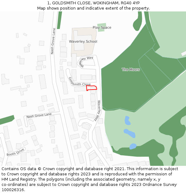 1, GOLDSMITH CLOSE, WOKINGHAM, RG40 4YP: Location map and indicative extent of plot