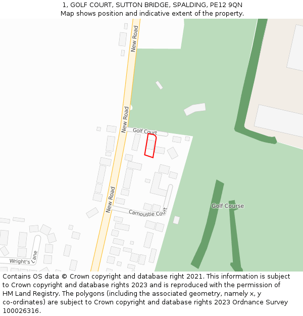 1, GOLF COURT, SUTTON BRIDGE, SPALDING, PE12 9QN: Location map and indicative extent of plot