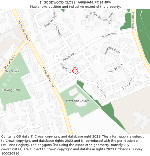 1, GOODWOOD CLOSE, FAREHAM, PO14 4RW: Location map and indicative extent of plot