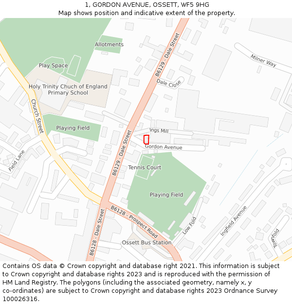 1, GORDON AVENUE, OSSETT, WF5 9HG: Location map and indicative extent of plot