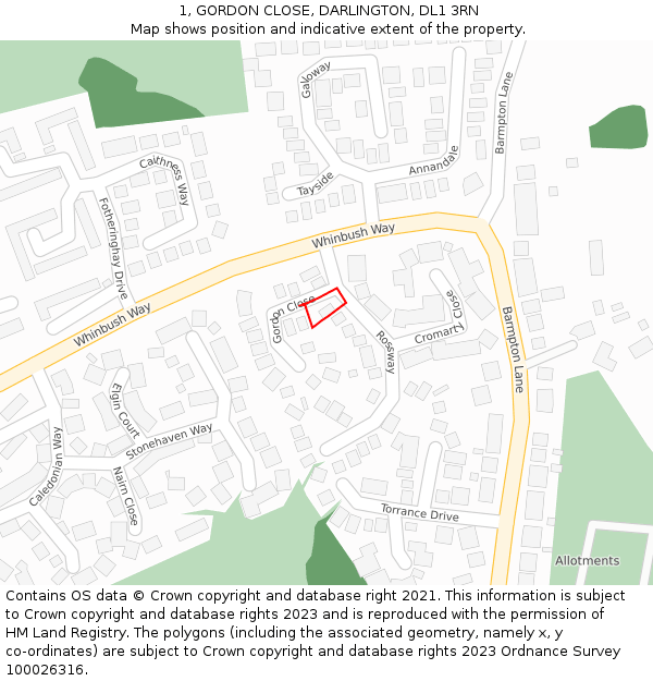 1, GORDON CLOSE, DARLINGTON, DL1 3RN: Location map and indicative extent of plot