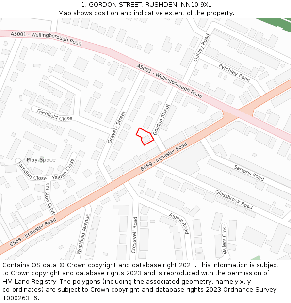 1, GORDON STREET, RUSHDEN, NN10 9XL: Location map and indicative extent of plot