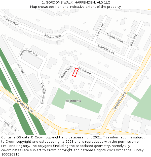 1, GORDONS WALK, HARPENDEN, AL5 1LQ: Location map and indicative extent of plot