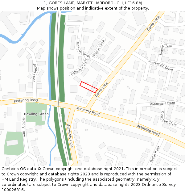 1, GORES LANE, MARKET HARBOROUGH, LE16 8AJ: Location map and indicative extent of plot