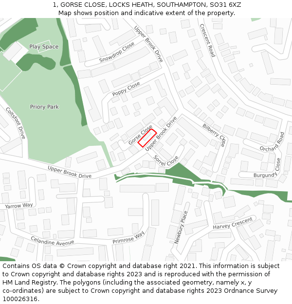 1, GORSE CLOSE, LOCKS HEATH, SOUTHAMPTON, SO31 6XZ: Location map and indicative extent of plot