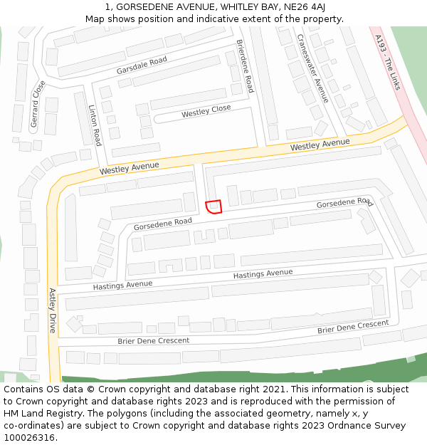 1, GORSEDENE AVENUE, WHITLEY BAY, NE26 4AJ: Location map and indicative extent of plot