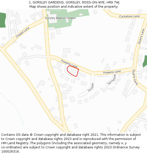 1, GORSLEY GARDENS, GORSLEY, ROSS-ON-WYE, HR9 7WJ: Location map and indicative extent of plot