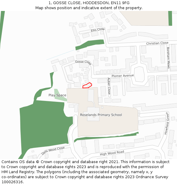 1, GOSSE CLOSE, HODDESDON, EN11 9FG: Location map and indicative extent of plot