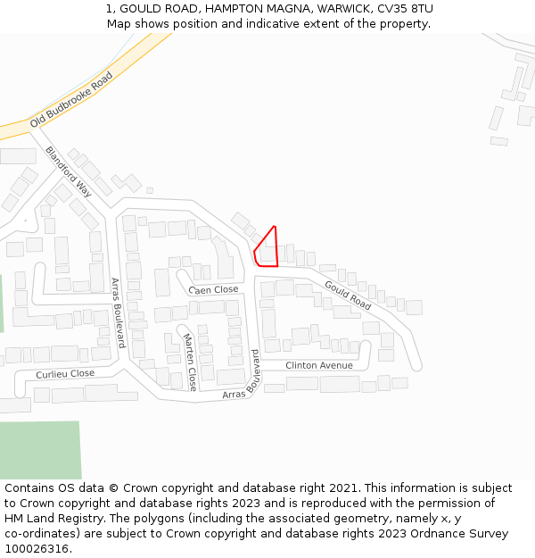 1, GOULD ROAD, HAMPTON MAGNA, WARWICK, CV35 8TU: Location map and indicative extent of plot