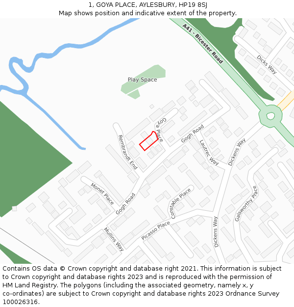 1, GOYA PLACE, AYLESBURY, HP19 8SJ: Location map and indicative extent of plot