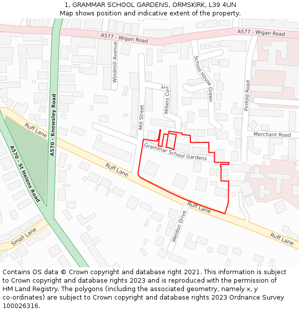 1, GRAMMAR SCHOOL GARDENS, ORMSKIRK, L39 4UN: Location map and indicative extent of plot