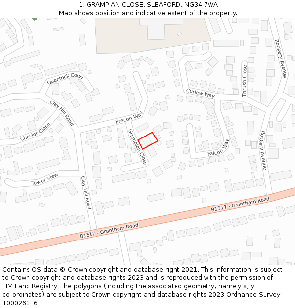 1, GRAMPIAN CLOSE, SLEAFORD, NG34 7WA: Location map and indicative extent of plot