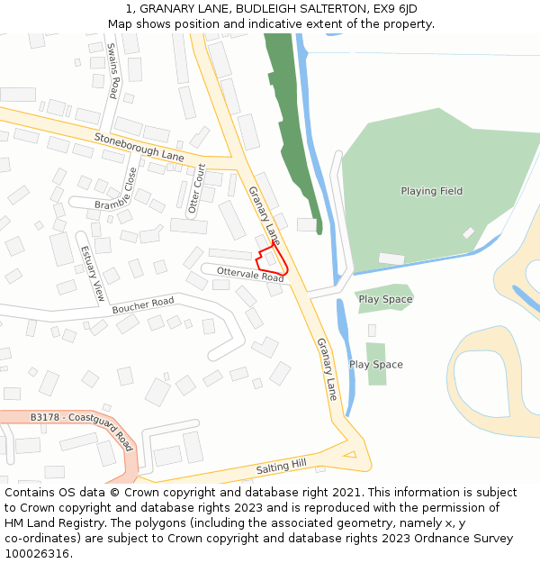 1, GRANARY LANE, BUDLEIGH SALTERTON, EX9 6JD: Location map and indicative extent of plot