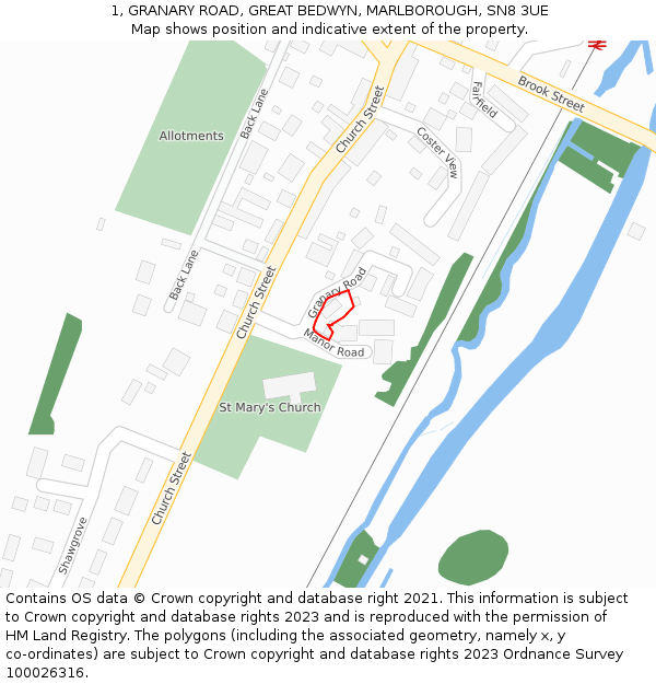 1, GRANARY ROAD, GREAT BEDWYN, MARLBOROUGH, SN8 3UE: Location map and indicative extent of plot