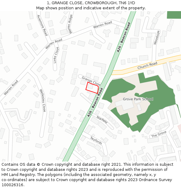1, GRANGE CLOSE, CROWBOROUGH, TN6 1YD: Location map and indicative extent of plot