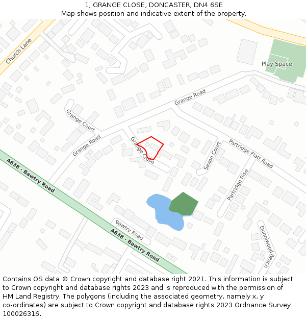 1, GRANGE CLOSE, DONCASTER, DN4 6SE: Location map and indicative extent of plot