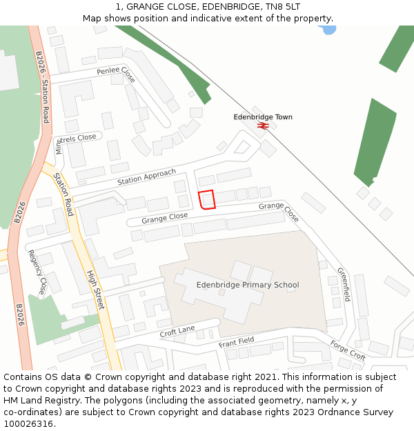 1, GRANGE CLOSE, EDENBRIDGE, TN8 5LT: Location map and indicative extent of plot