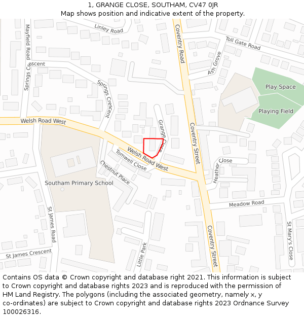 1, GRANGE CLOSE, SOUTHAM, CV47 0JR: Location map and indicative extent of plot
