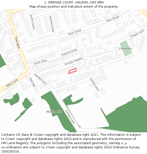 1, GRANGE COURT, HALIFAX, HX3 9RN: Location map and indicative extent of plot