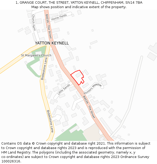 1, GRANGE COURT, THE STREET, YATTON KEYNELL, CHIPPENHAM, SN14 7BA: Location map and indicative extent of plot