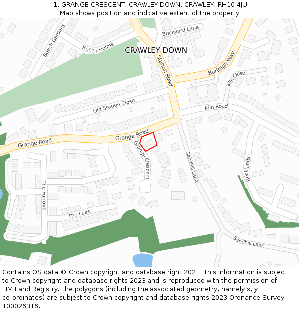 1, GRANGE CRESCENT, CRAWLEY DOWN, CRAWLEY, RH10 4JU: Location map and indicative extent of plot