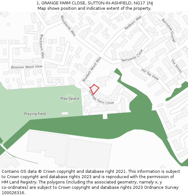 1, GRANGE FARM CLOSE, SUTTON-IN-ASHFIELD, NG17 1NJ: Location map and indicative extent of plot