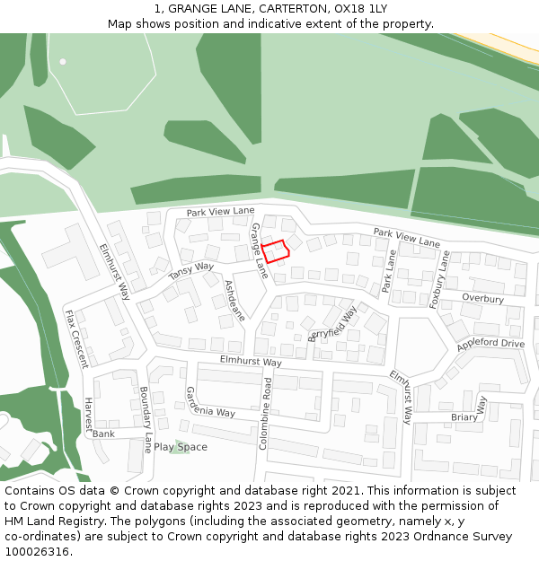 1, GRANGE LANE, CARTERTON, OX18 1LY: Location map and indicative extent of plot