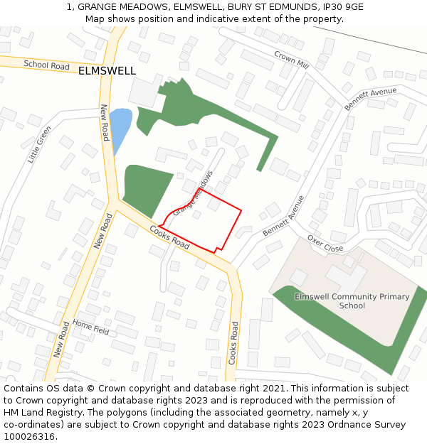 1, GRANGE MEADOWS, ELMSWELL, BURY ST EDMUNDS, IP30 9GE: Location map and indicative extent of plot