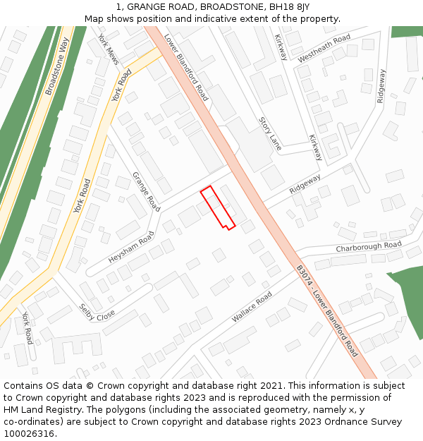 1, GRANGE ROAD, BROADSTONE, BH18 8JY: Location map and indicative extent of plot