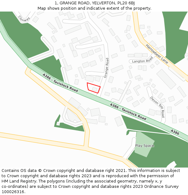 1, GRANGE ROAD, YELVERTON, PL20 6BJ: Location map and indicative extent of plot